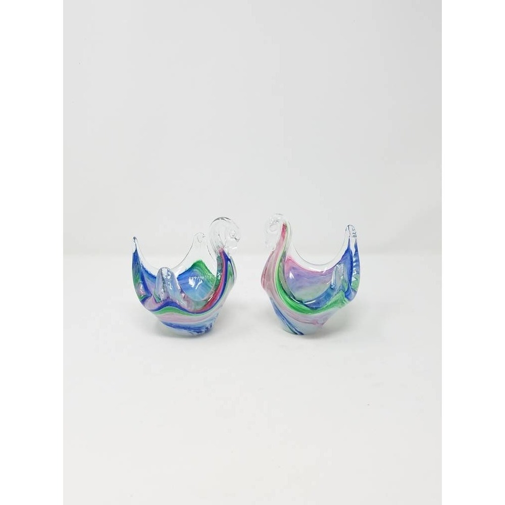 Vtg Murano Art Glass swan trinket bowl‎ hand blown Italy set of 2 cottagecore